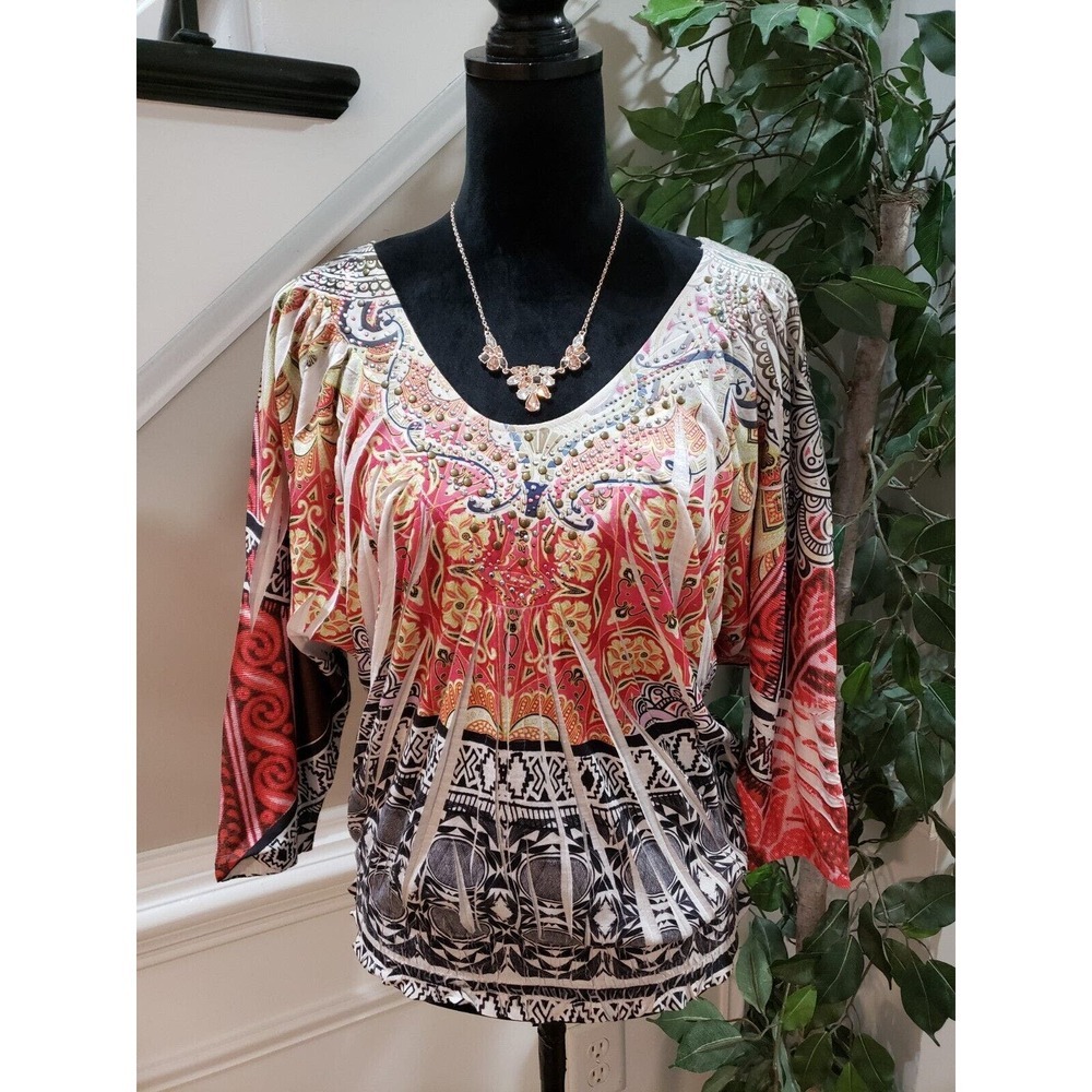 One World Women Multicolor Paisley Polyester Round Neck Long Sleeve Top Blouse L